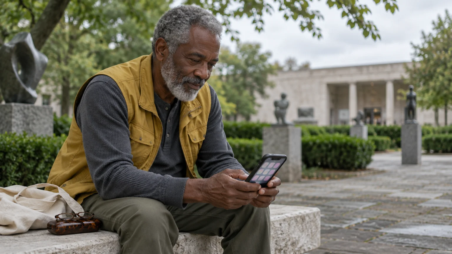 A mature man with a gray beard sits on a stone bench outdoors, looking down at the screen of his smartphone.
