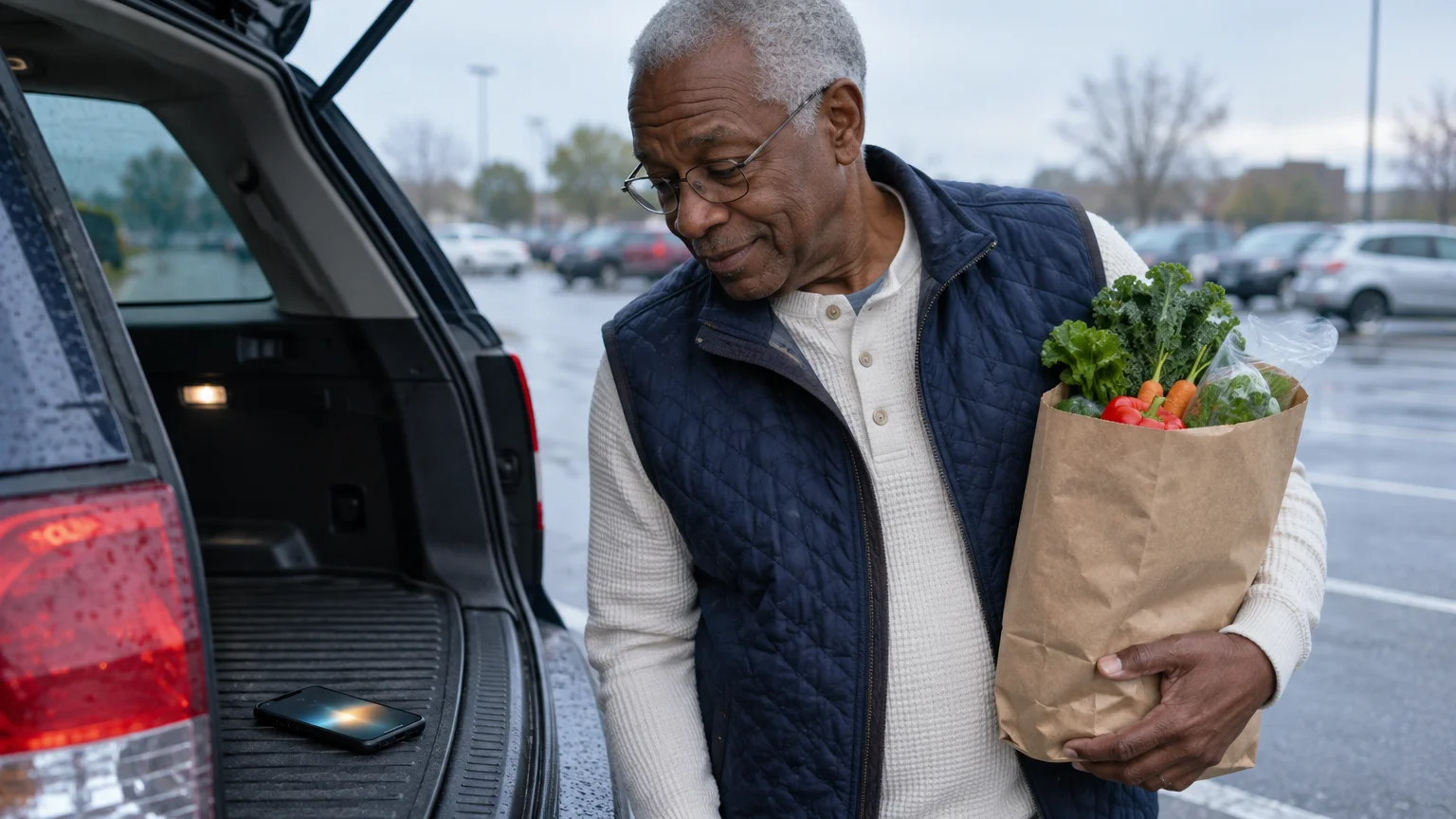 A man holding groceries looks down at a glowing smartphone left in the open trunk of his vehicle in a parking lot.