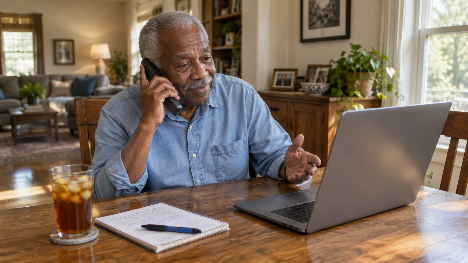 An older Black man sits at a wooden table talking on the phone while gesturing toward an open laptop.