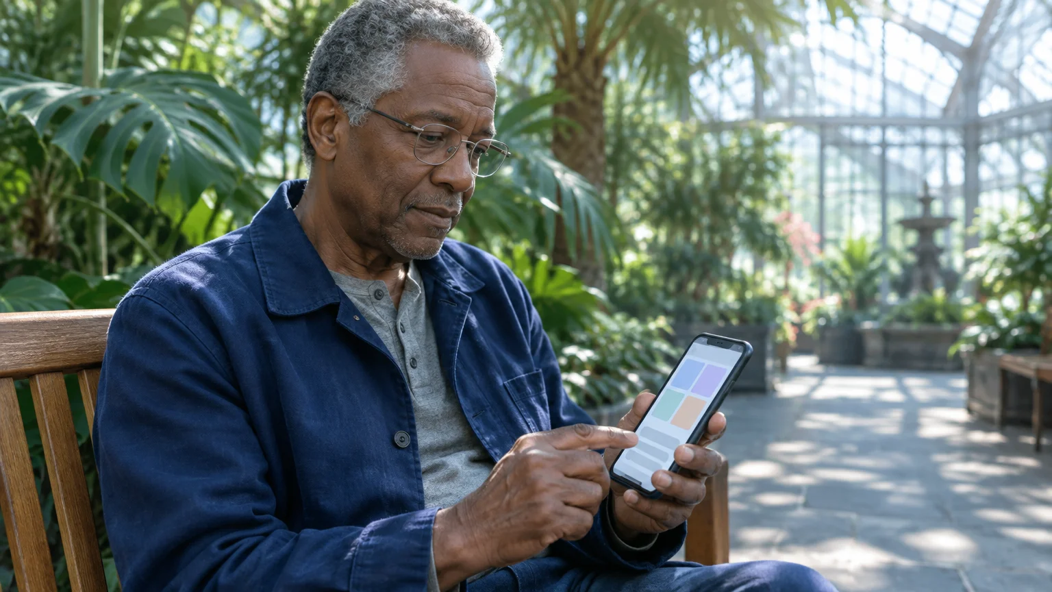 Older man wearing glasses sits on a wooden bench in a greenhouse while tapping on his smartphone screen.