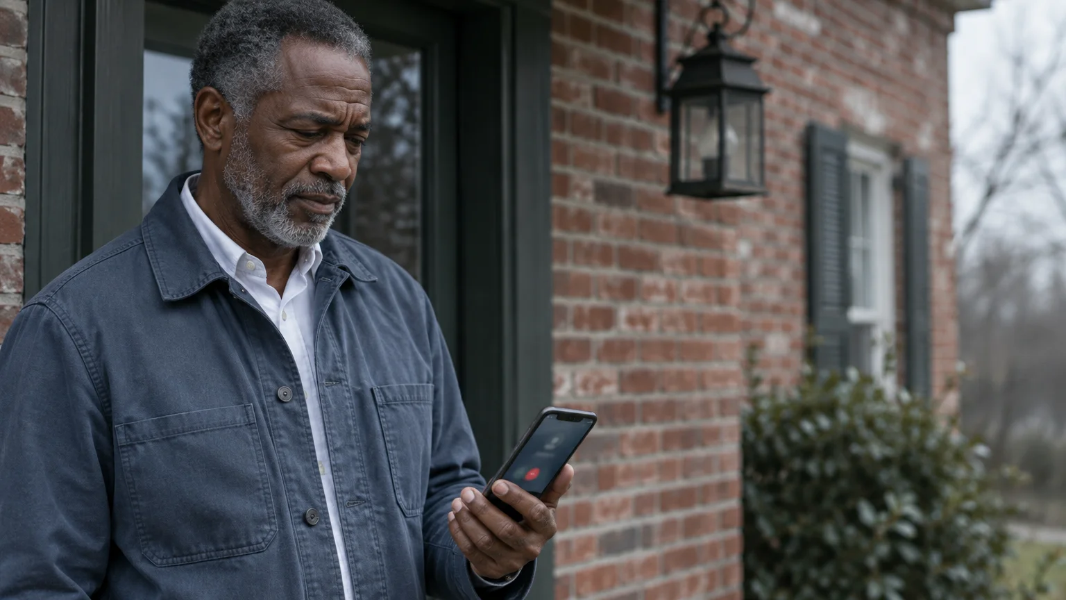 A senior man with gray hair and a beard looks down at an incoming call on his smartphone outside a brick house.