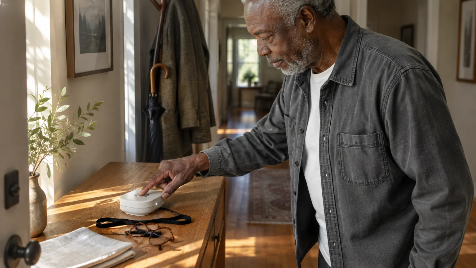 An older man presses a button on a small white medical alert base station set on a wooden hallway console table.
