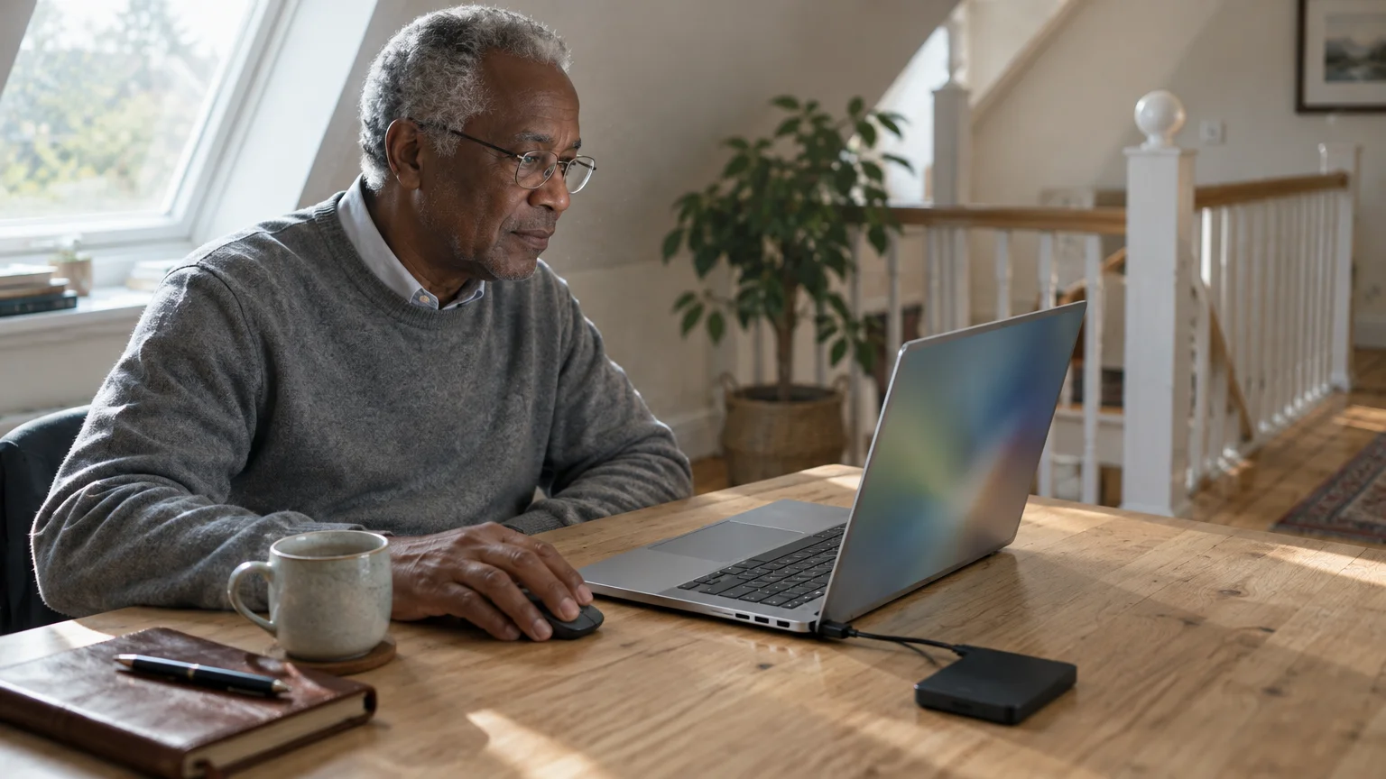 Older man wearing glasses sits at a wooden table using a mouse with a laptop plugged into an external drive.