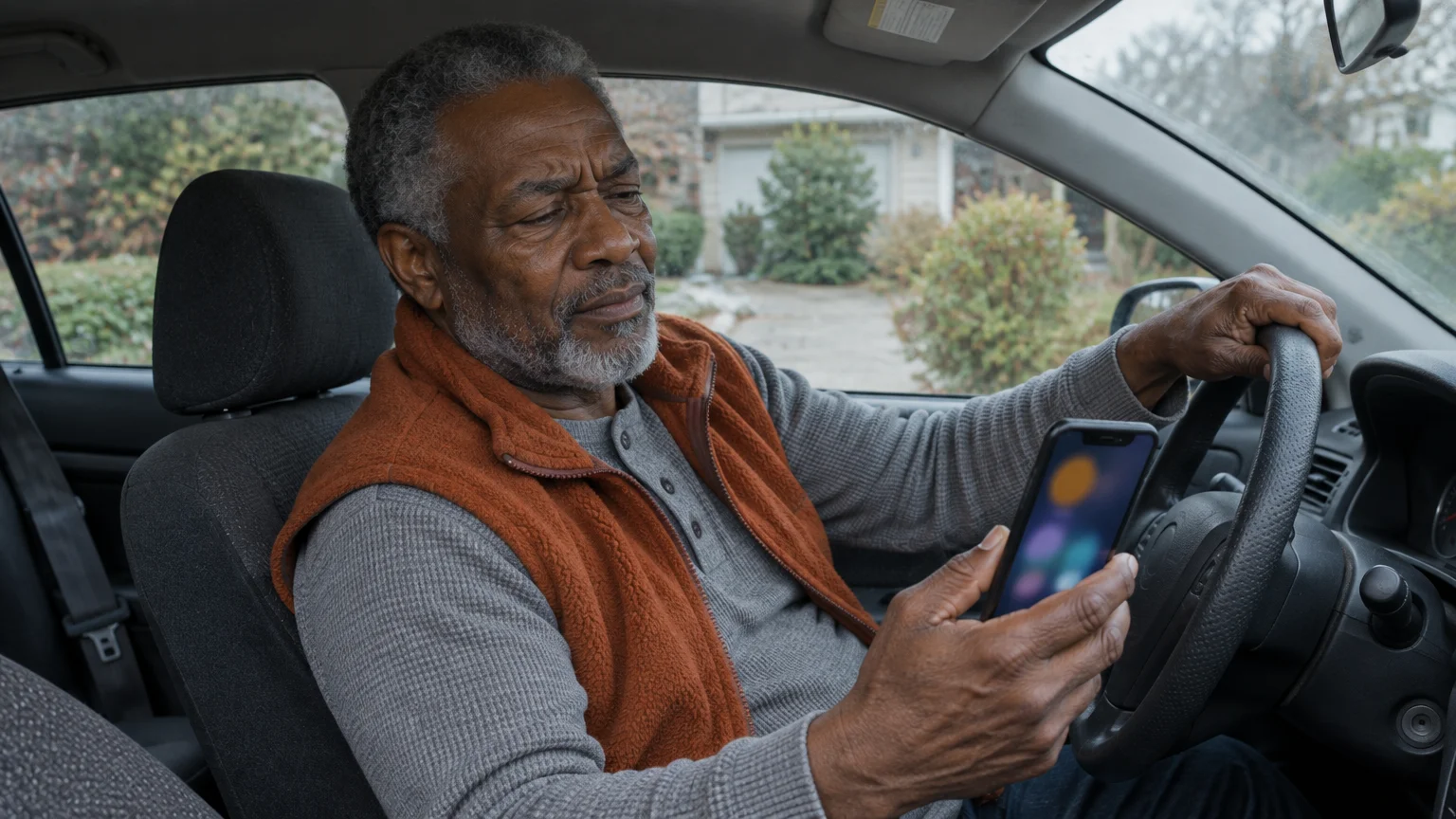 Senior man sitting in a car's driver seat looking with concern at his smartphone.