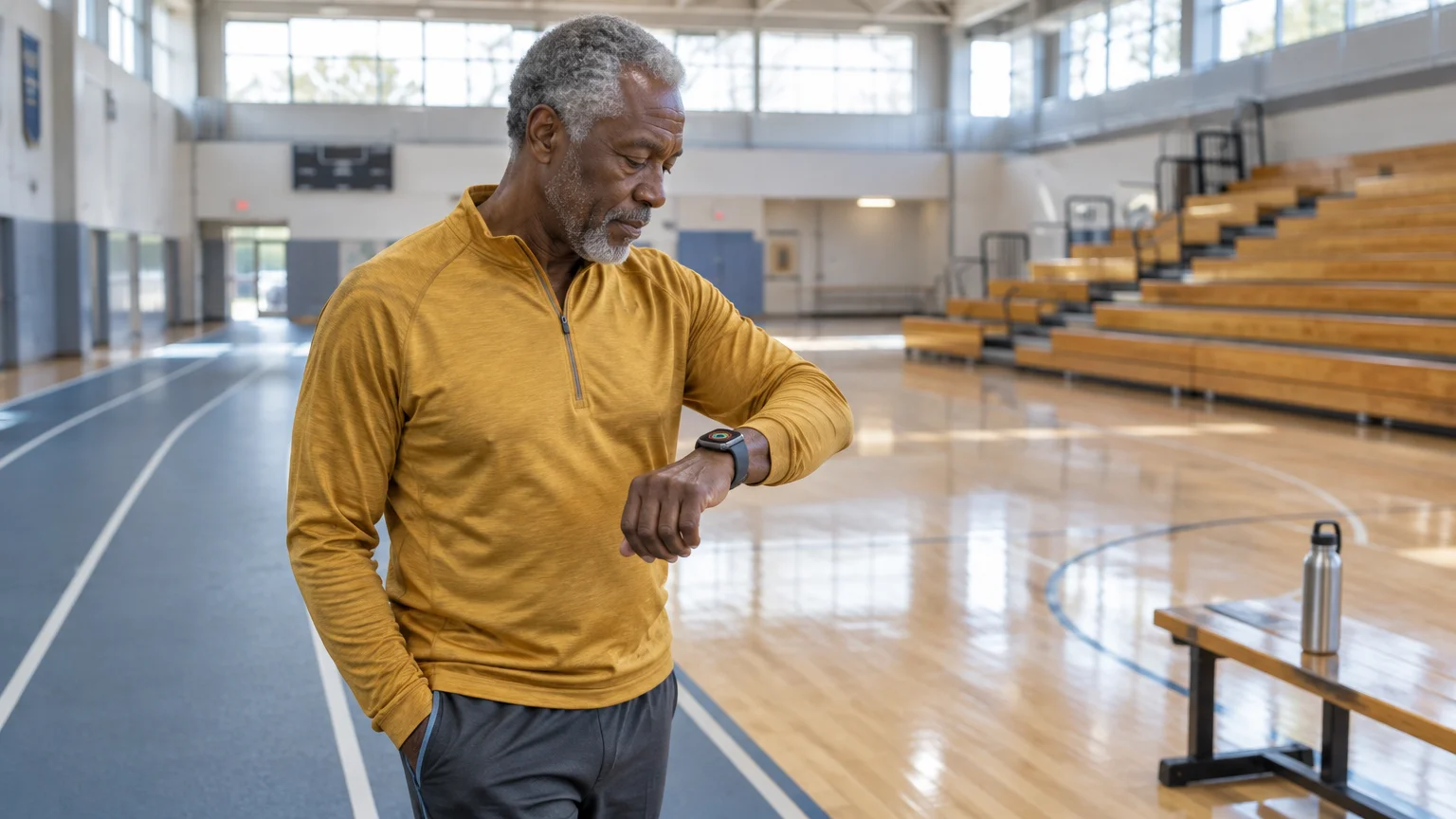 An older man in a yellow pullover checks his smartwatch while standing on an indoor running track inside a gym.