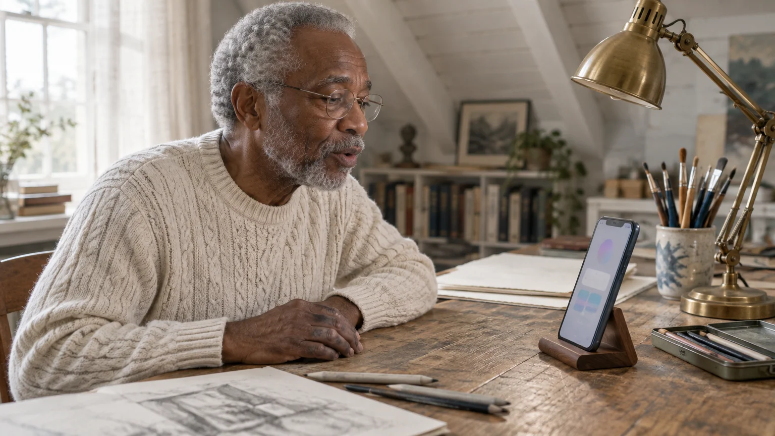 Older man with glasses speaks toward a smartphone resting on a wooden stand atop an artist's cluttered desk.