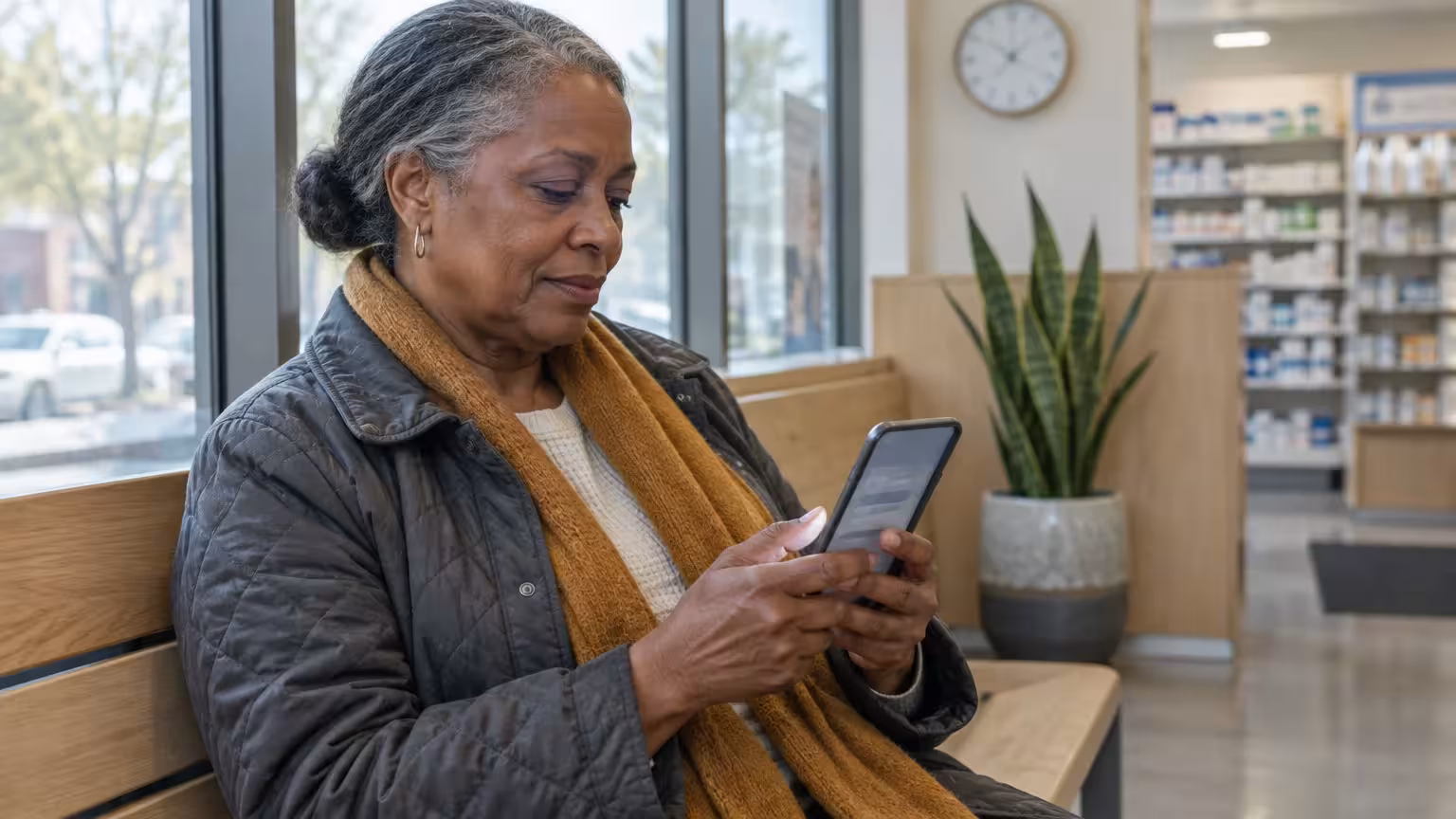 A woman with gray hair wearing a scarf sits on a bench indoors and looks down while holding a smartphone.