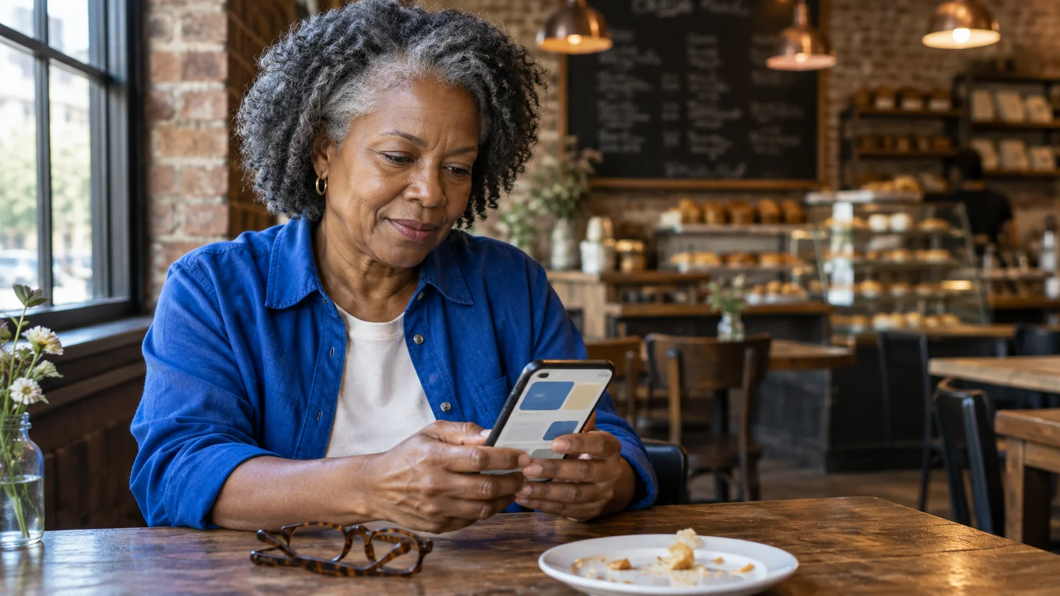 A senior woman with grey hair sits at a cafe table using her smartphone, with eyeglasses placed nearby.