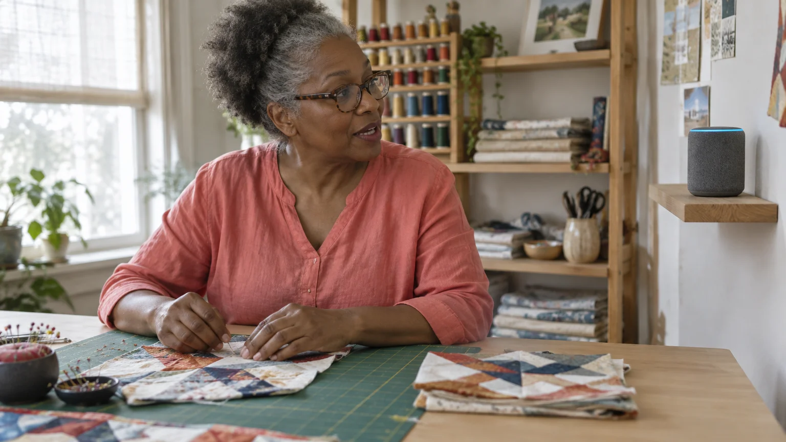 A woman sewing quilt squares at a table looks toward a smart speaker sitting on a wooden wall shelf.
