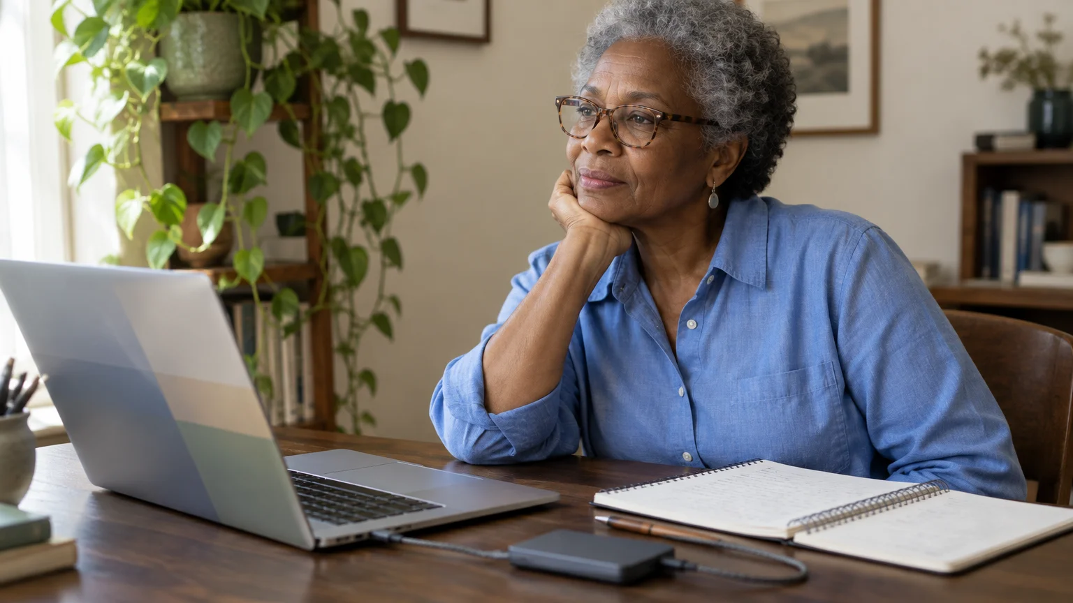 Senior woman resting her chin in her hand, looking thoughtfully beside an open laptop on a wooden desk.