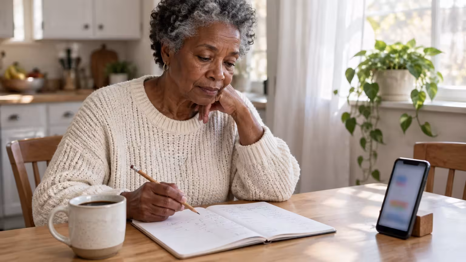 Senior woman sitting at a kitchen table writing in a notebook with a pencil next to a smartphone and mug.