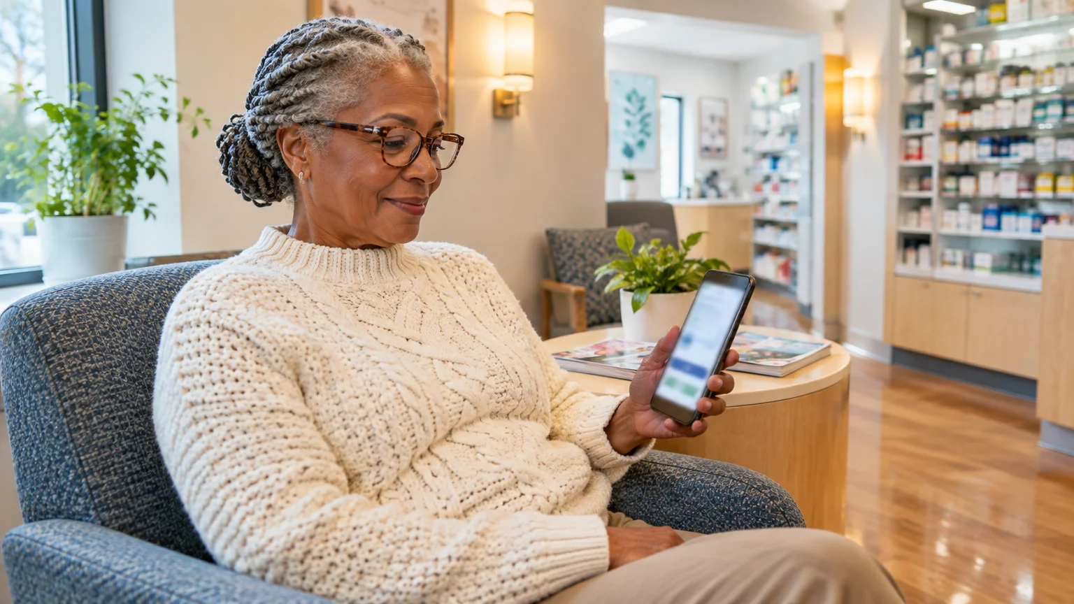 A smiling older woman with braided gray hair and glasses sits in an armchair holding a smartphone.