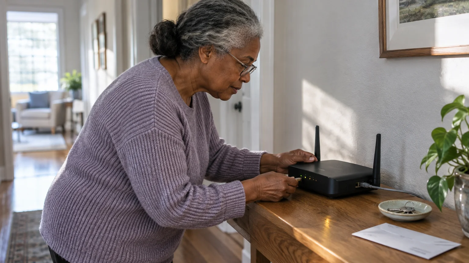 An older woman with glasses checks the cables and lights on a black Wi-Fi router resting on a wooden table.