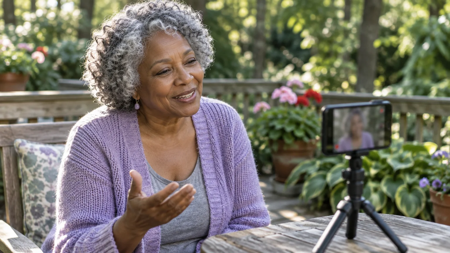 A smiling woman with gray hair sits outdoors and records a video using a smartphone mounted on a mini tripod.
