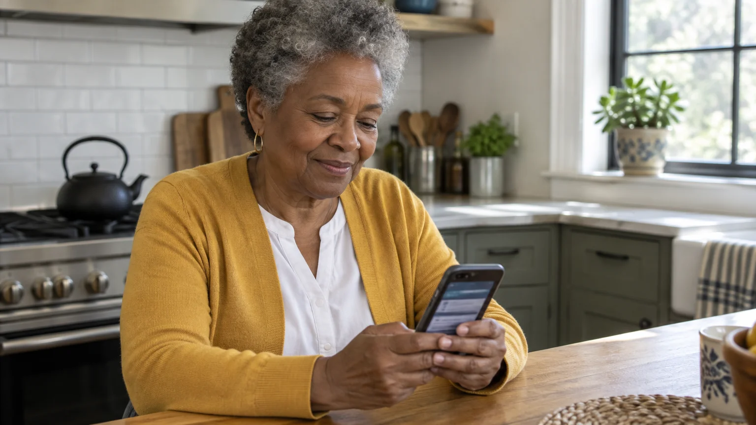 Older woman with gray hair wearing a yellow cardigan, holding a smartphone while seated at a wooden kitchen table.
