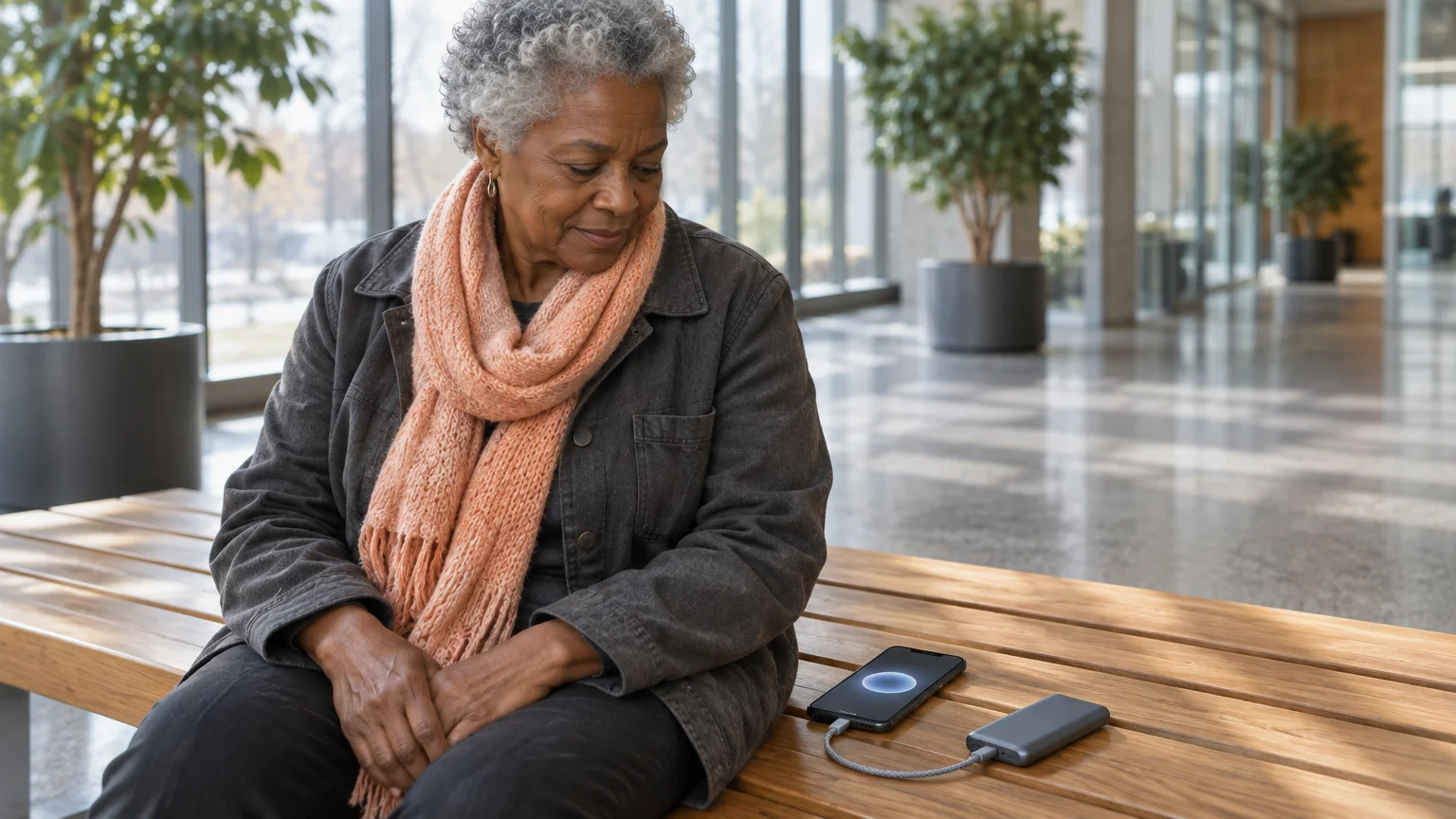 Older woman on a bench looking down at a smartphone connected to a portable power bank charger.