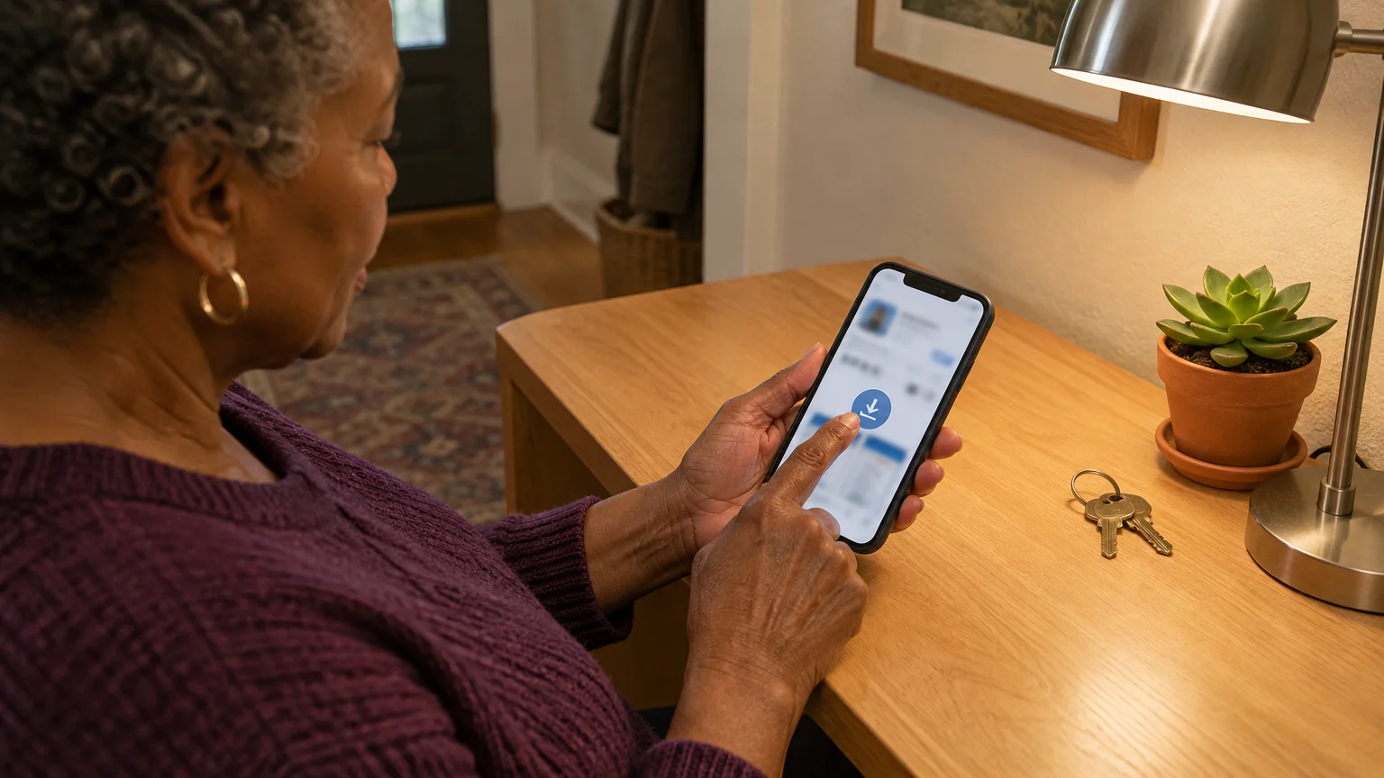 A woman tapping a download icon on a smartphone beside a desk lamp and small potted succulent.