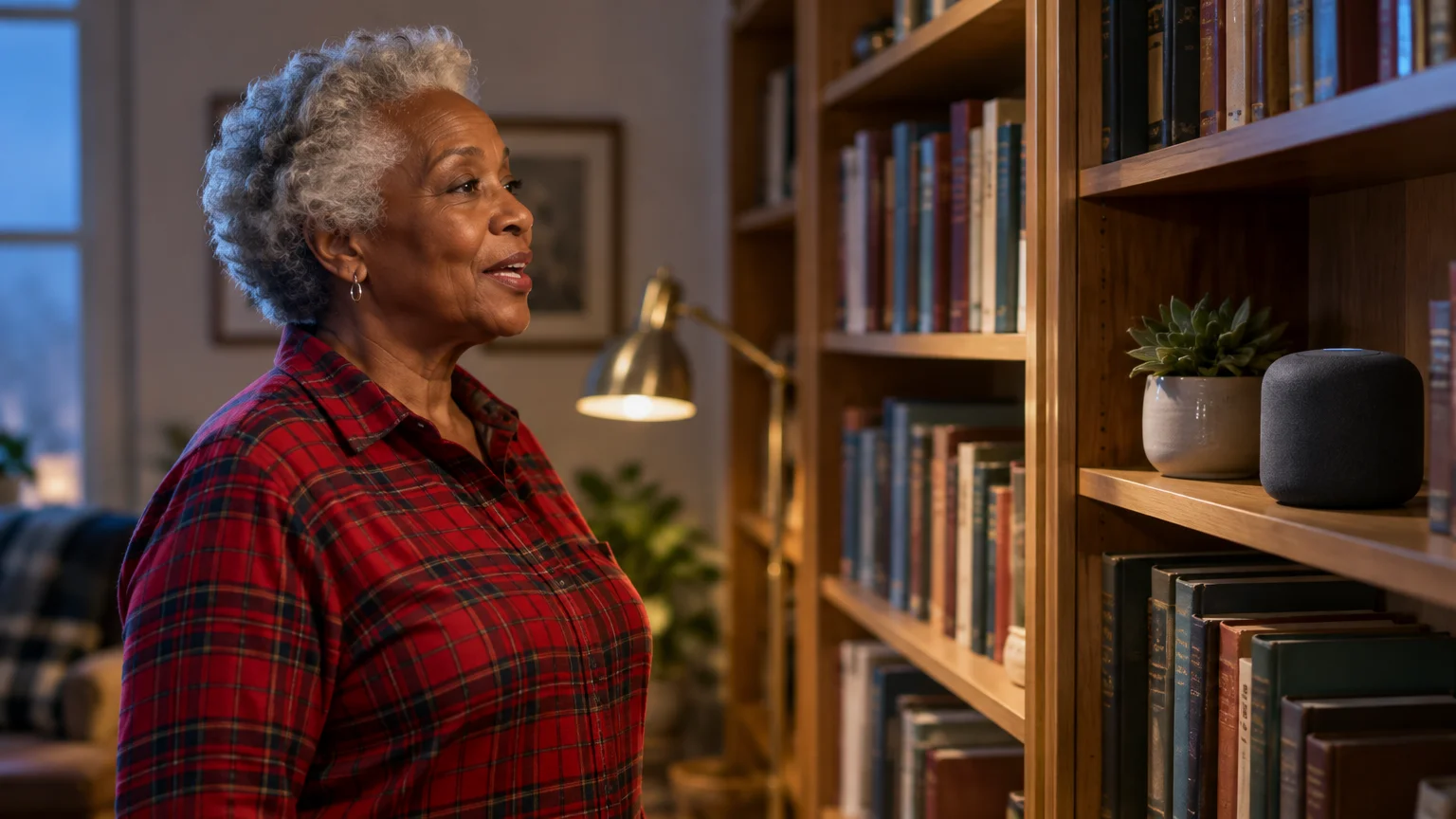 A senior woman in a red plaid shirt stands looking at a small smart speaker on a wooden bookshelf.