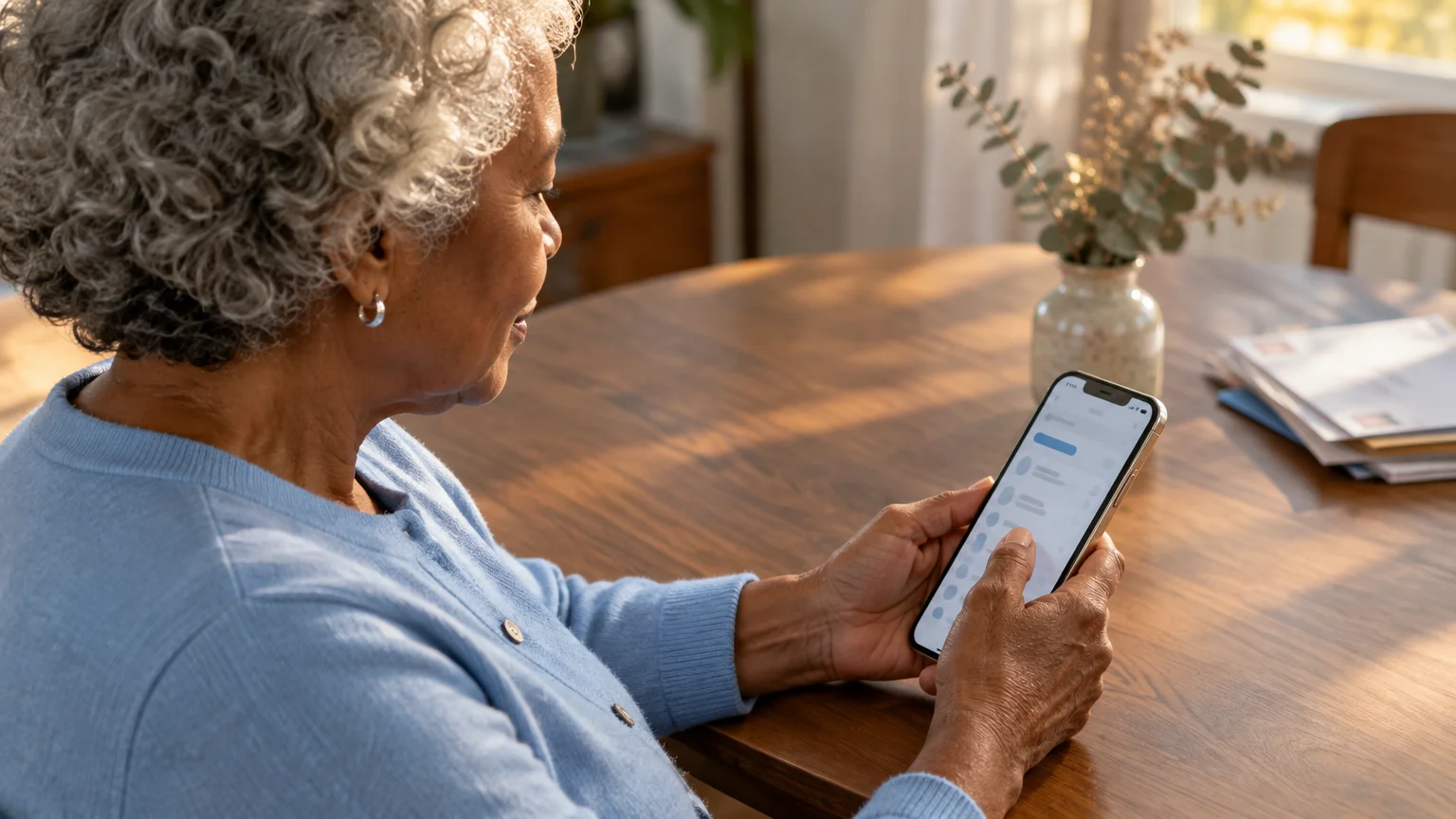 Older woman with grey hair sitting at a wooden table and looking at a smartphone screen.