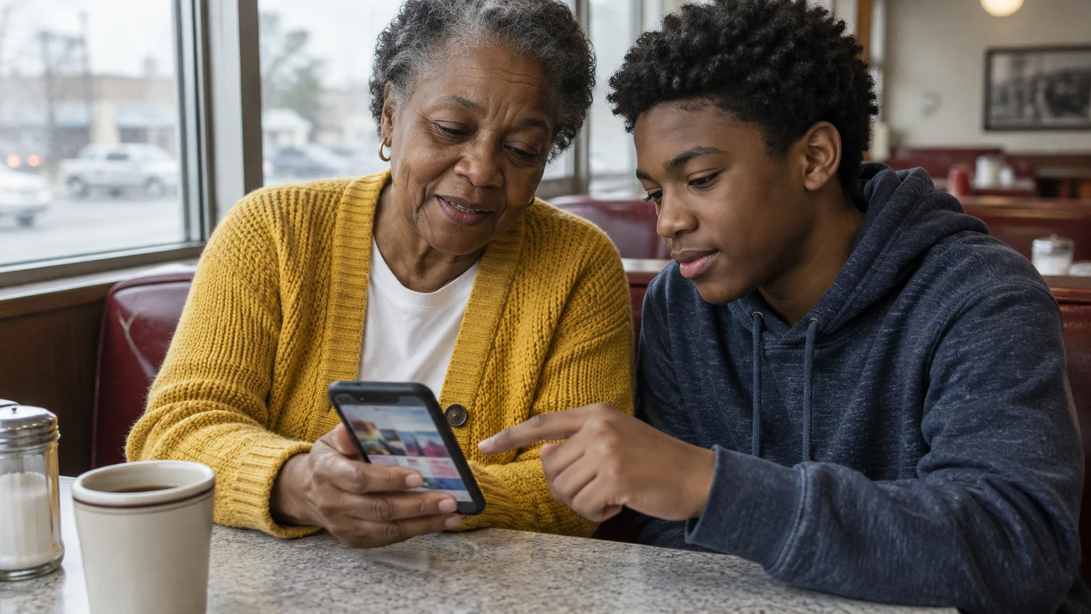 Older Black woman in a yellow cardigan and a teenage boy look at a smartphone screen together in a diner booth.