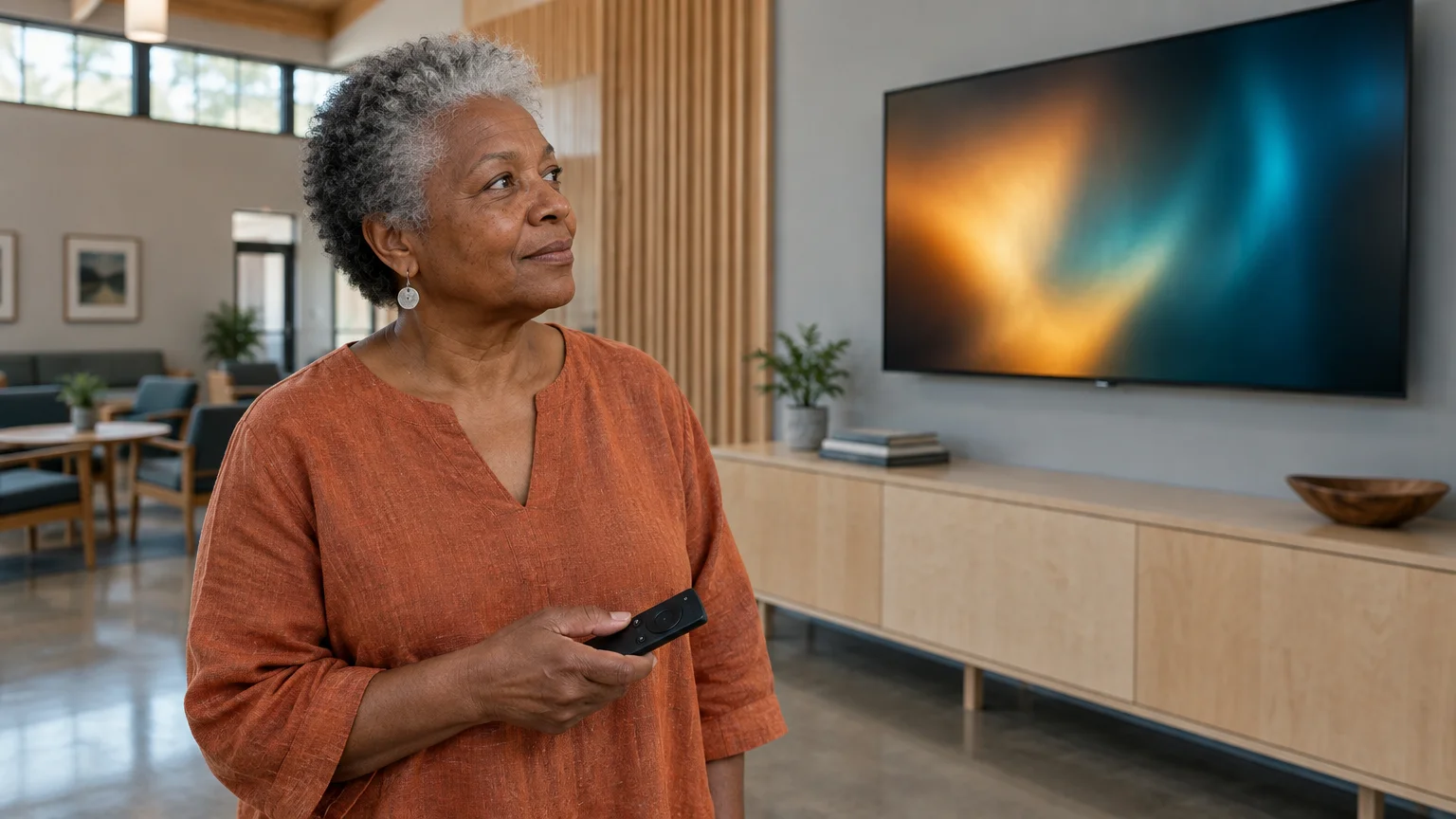 A woman with gray hair holds a sleek black remote in front of a wall-mounted smart TV displaying abstract light.