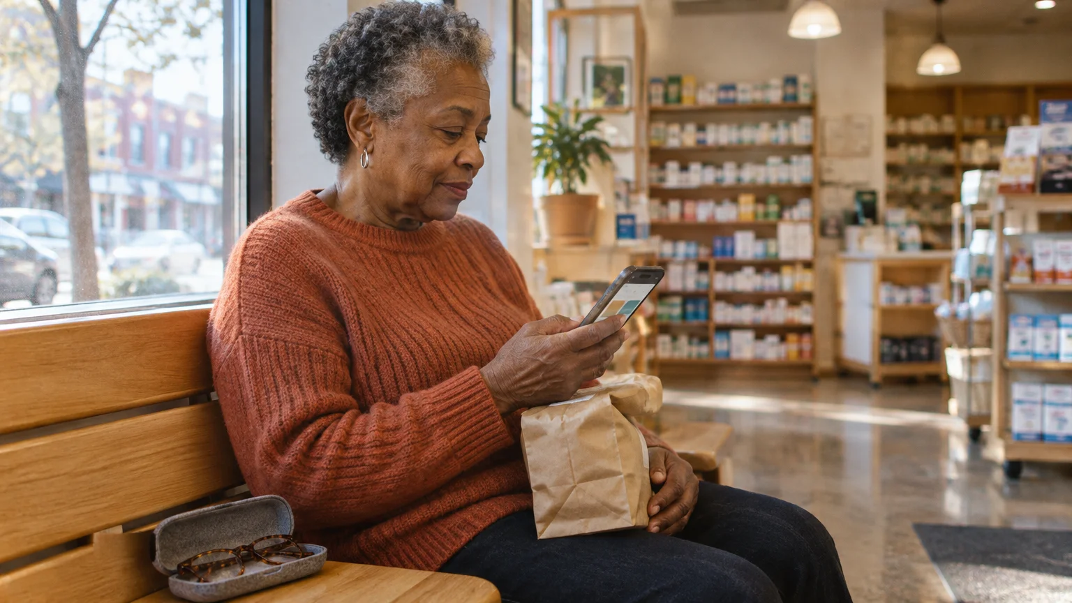 Senior woman sitting on a wooden bench inside a pharmacy, looking at her smartphone while holding a paper bag.