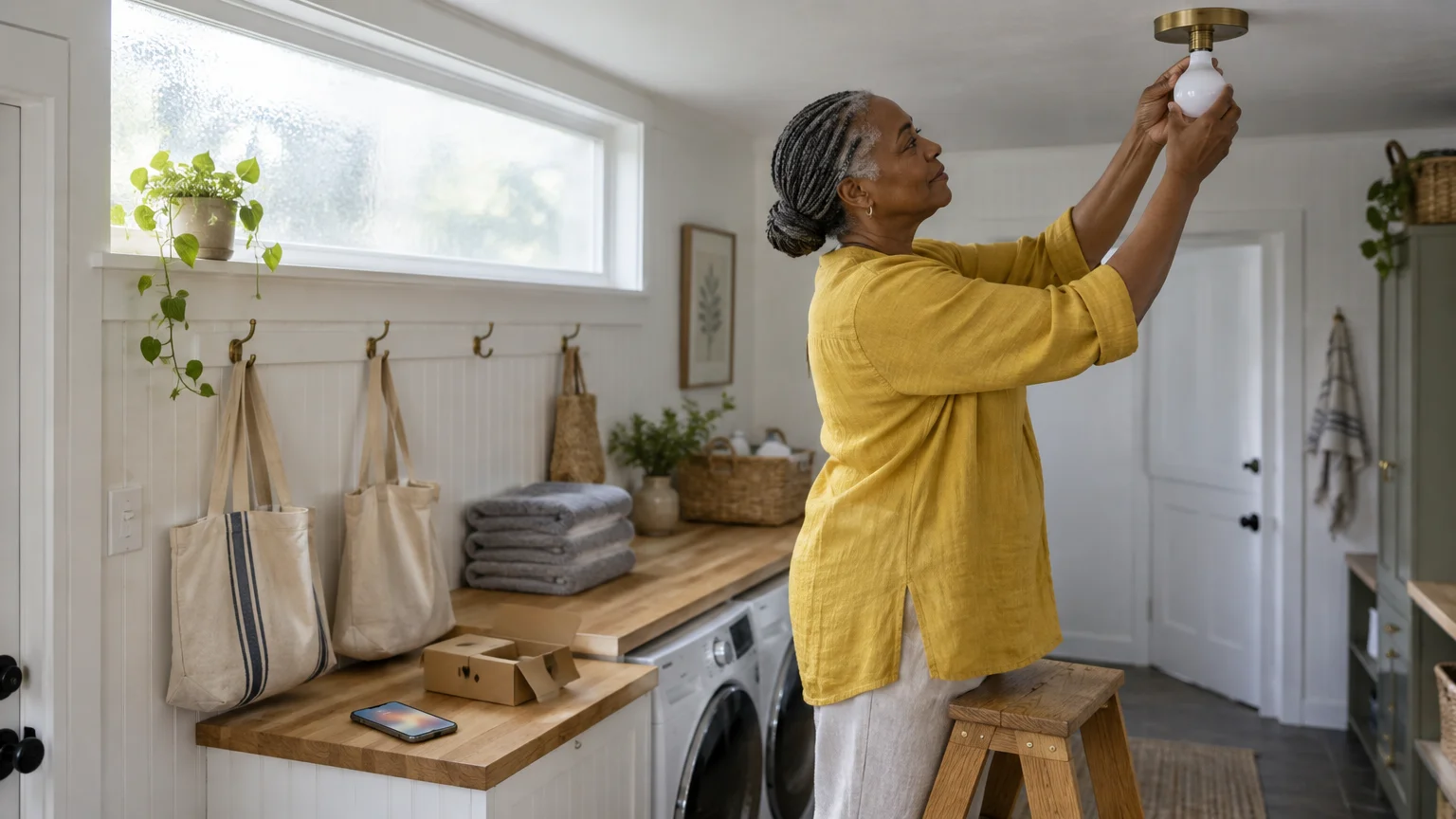 A woman standing on a wooden step stool screws a lightbulb into a ceiling fixture in a bright laundry room.