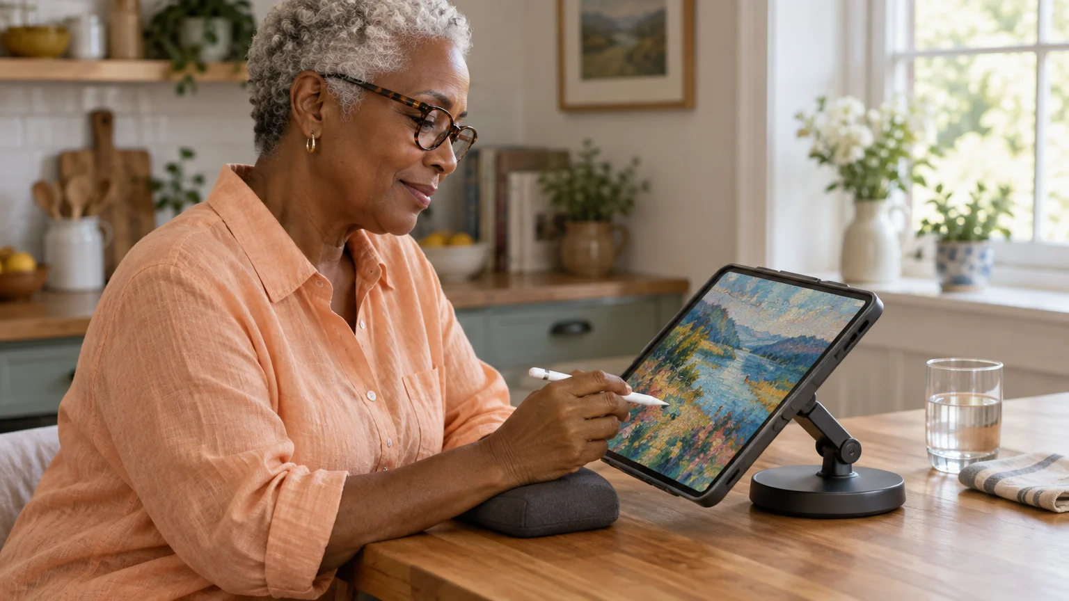 A smiling older woman uses a white stylus on an angled tablet stand with her wrist resting on a cushion.