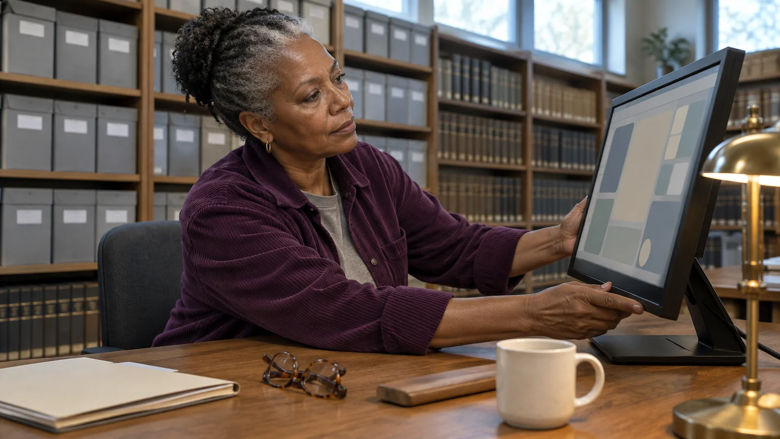 A woman adjusts a desktop computer monitor at a wooden desk surrounded by library bookshelves.