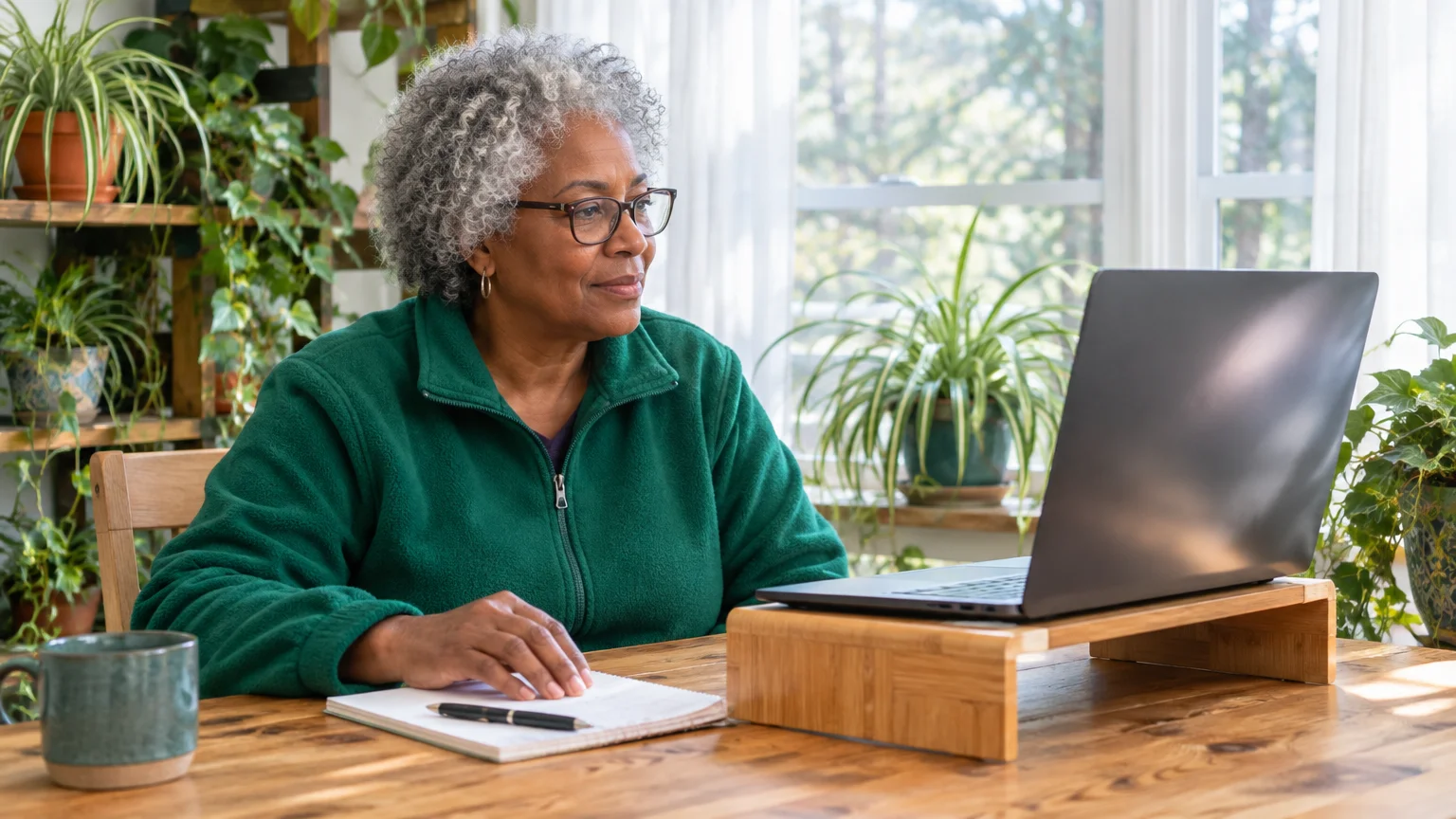 Older Black woman with glasses seated at a wooden desk, looking at a laptop raised on a wooden stand near house plants.