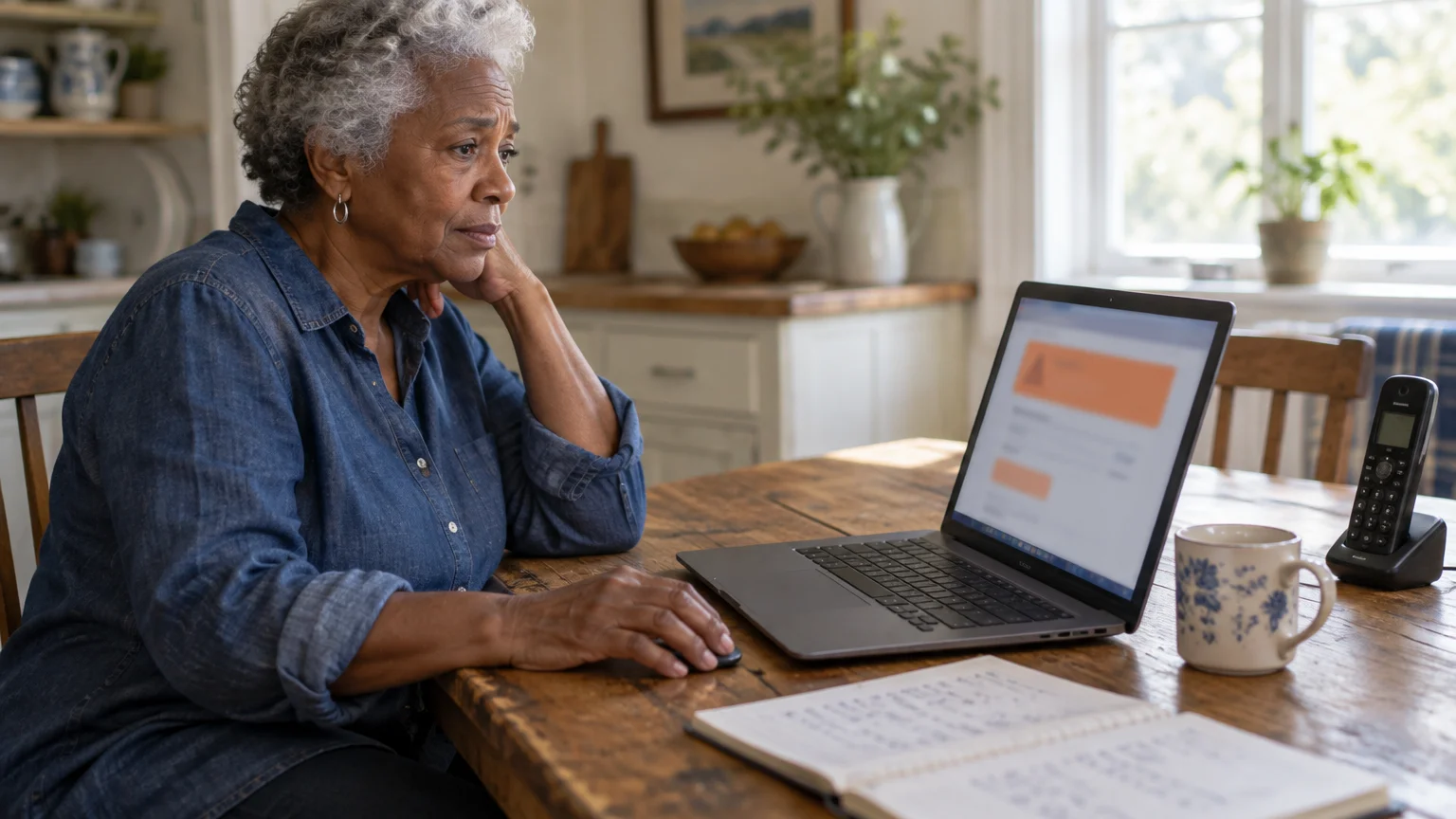 A senior woman sits at a wooden table looking intently at a laptop screen while resting her hand on a mouse.