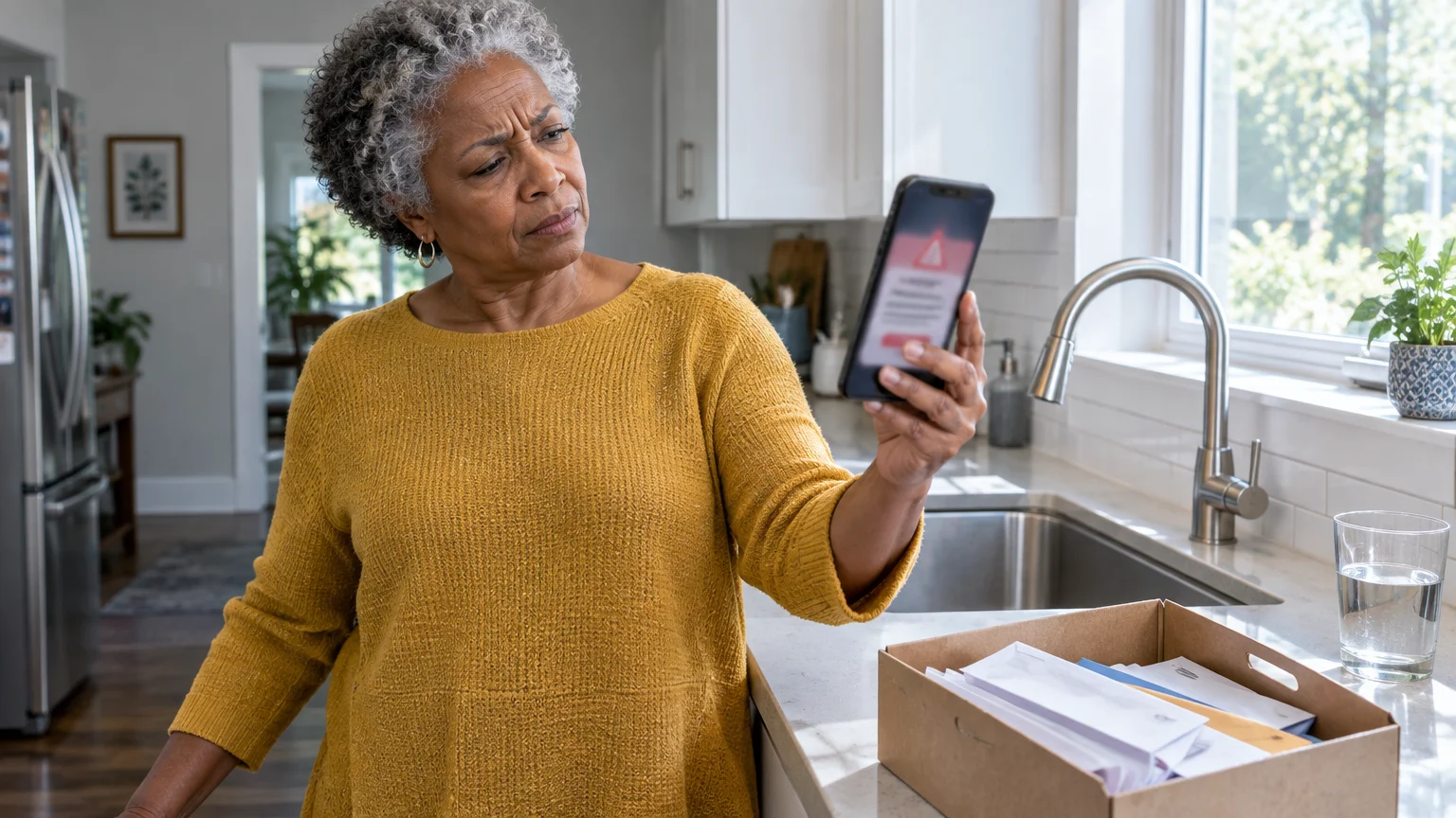 A woman in a yellow sweater looks suspiciously at a warning alert on her smartphone in a kitchen next to a box of mail.
