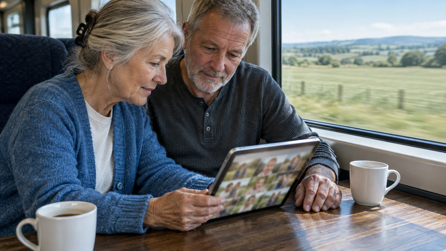 Older man and woman sitting together at a train table, looking at family photos on a digital tablet.