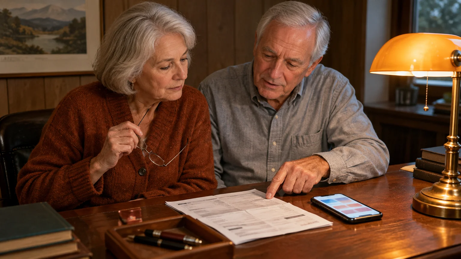 Senior couple sitting at a wooden desk under a lamp, reviewing paperwork and a smartphone.