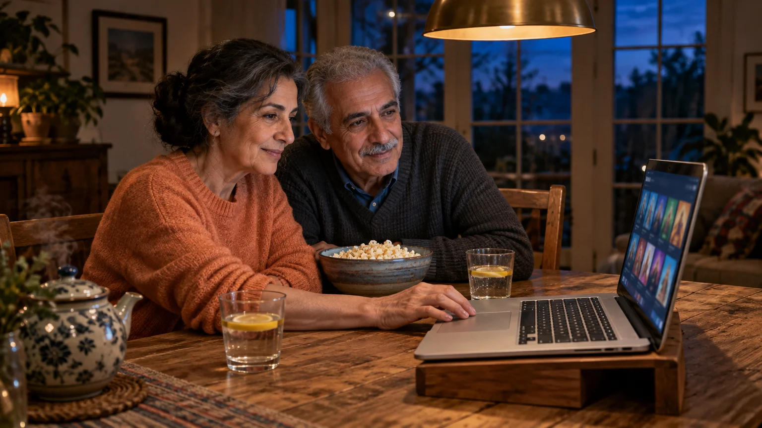 Older couple smiling while browsing movies on a laptop at a rustic wooden dining table with popcorn.