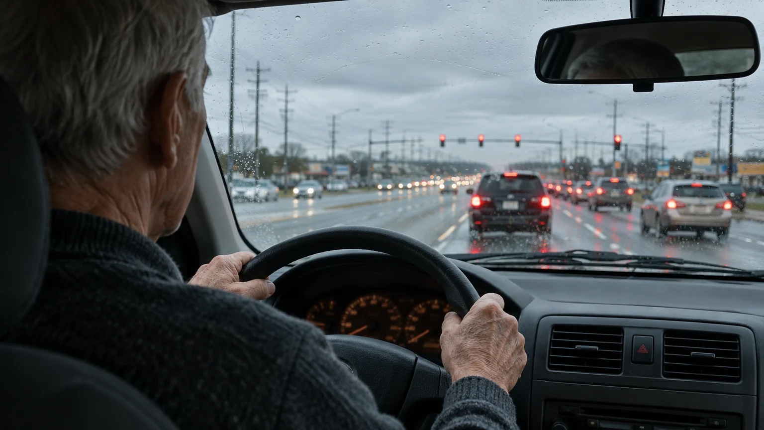View from behind an older man driving a car in wet weather along a busy multilane road with traffic.