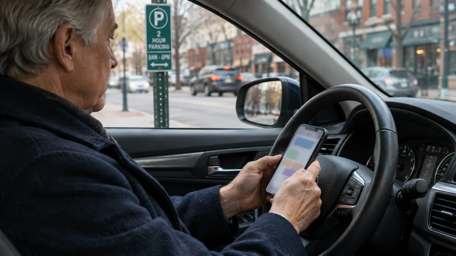 Man in the driver's seat of a car looking at a smartphone, parked on a city street near a parking sign.