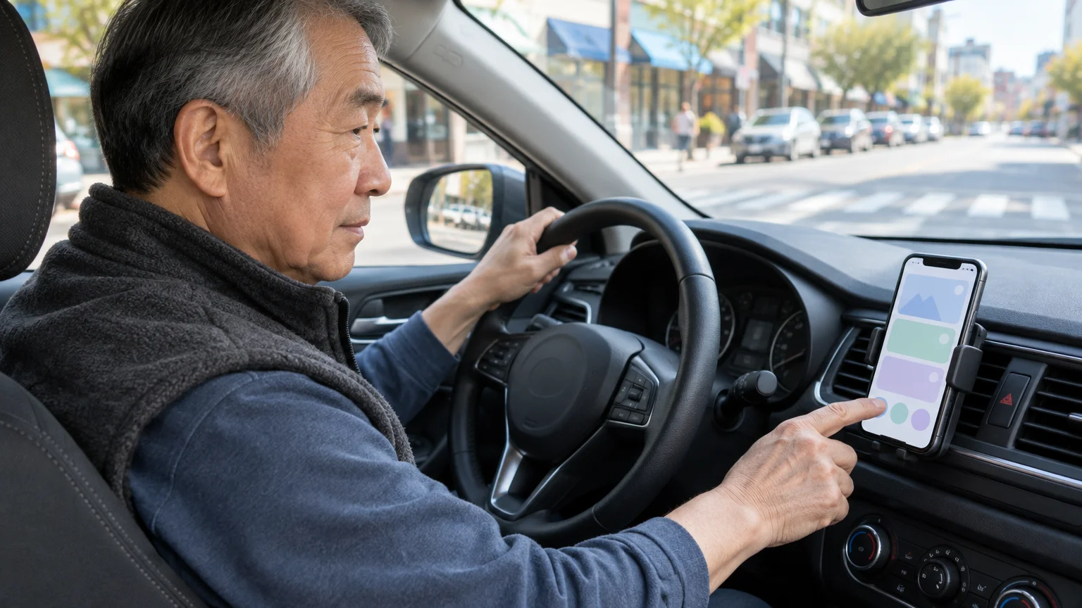 A man sitting in the driver's seat of a car touches a smartphone mounted to the dashboard air vent.