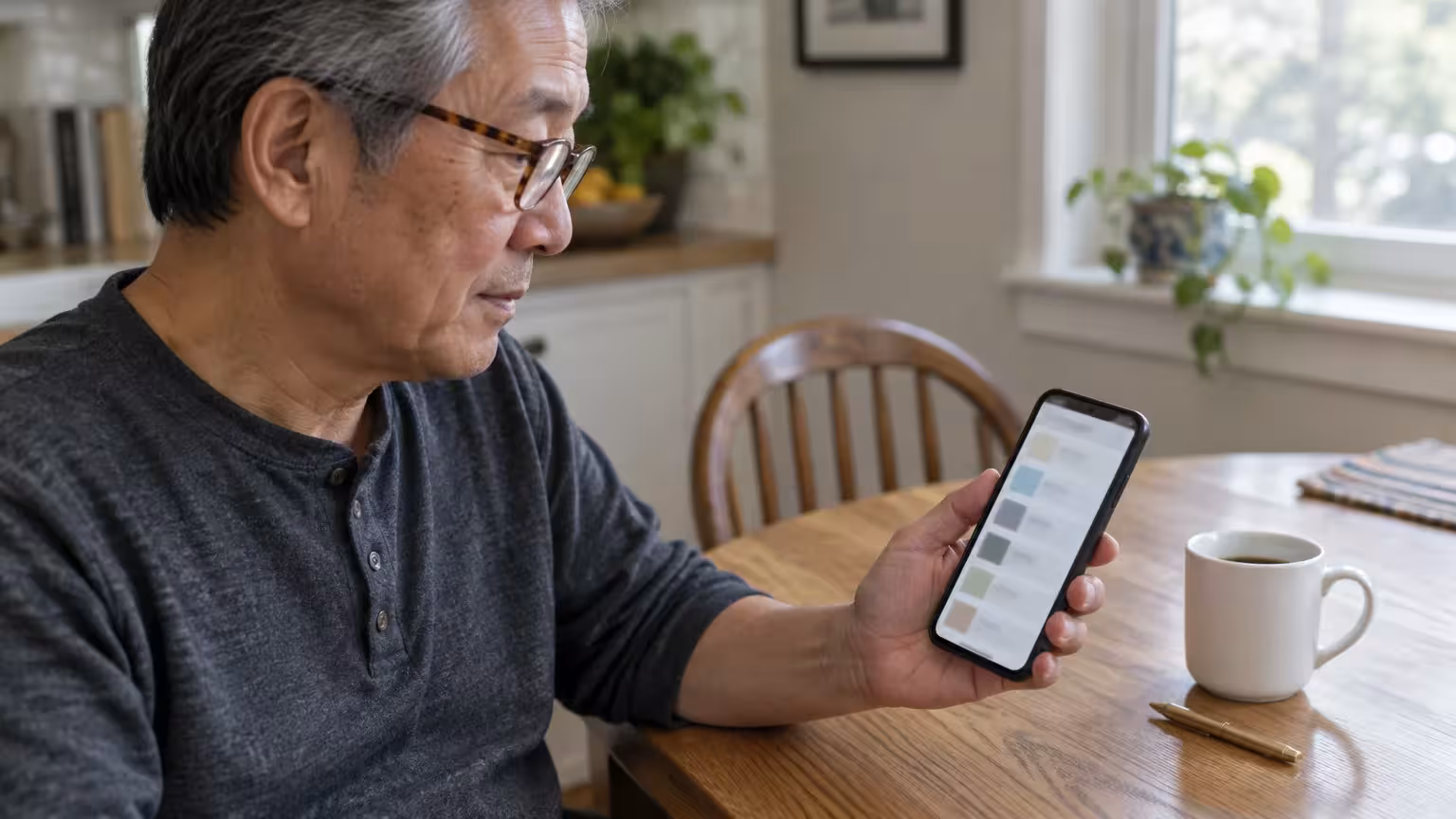 Older man wearing glasses sitting at a wooden table looking at a smartphone next to a coffee mug.
