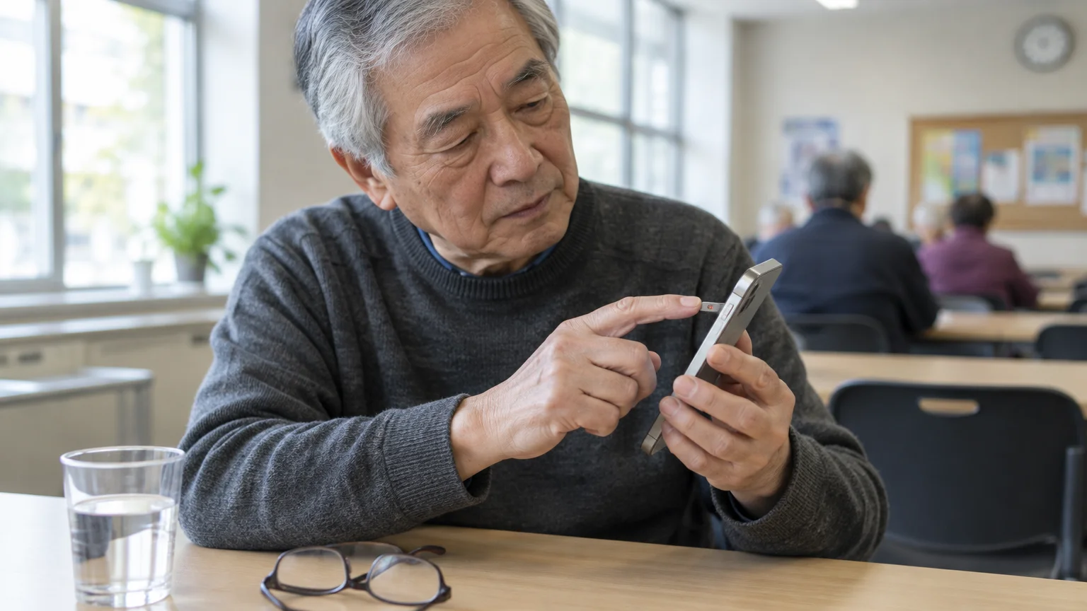 A senior man sits at a table adjusting the physical silent switch on the side of a smartphone.