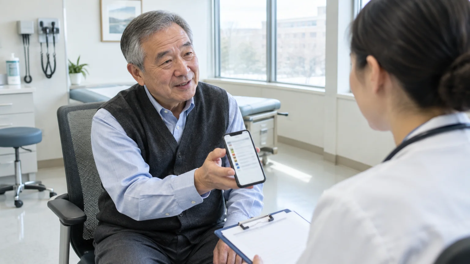 An older man in an exam room holds up his smartphone to show an app screen to a doctor holding a clipboard.