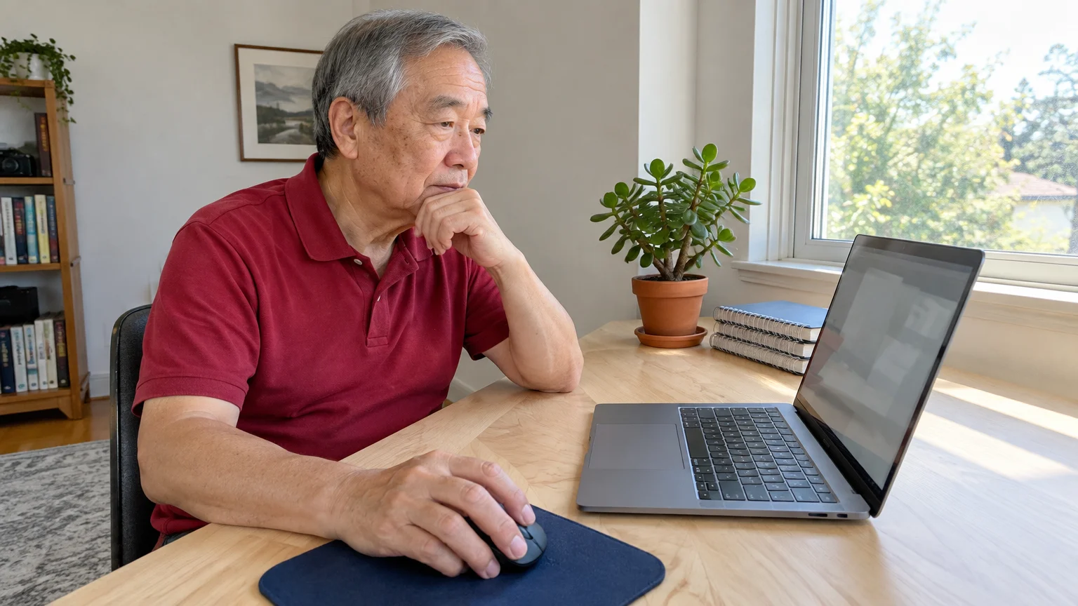 Older man in a red polo shirt sitting at a wooden desk with a hand on his chin, looking at a laptop.