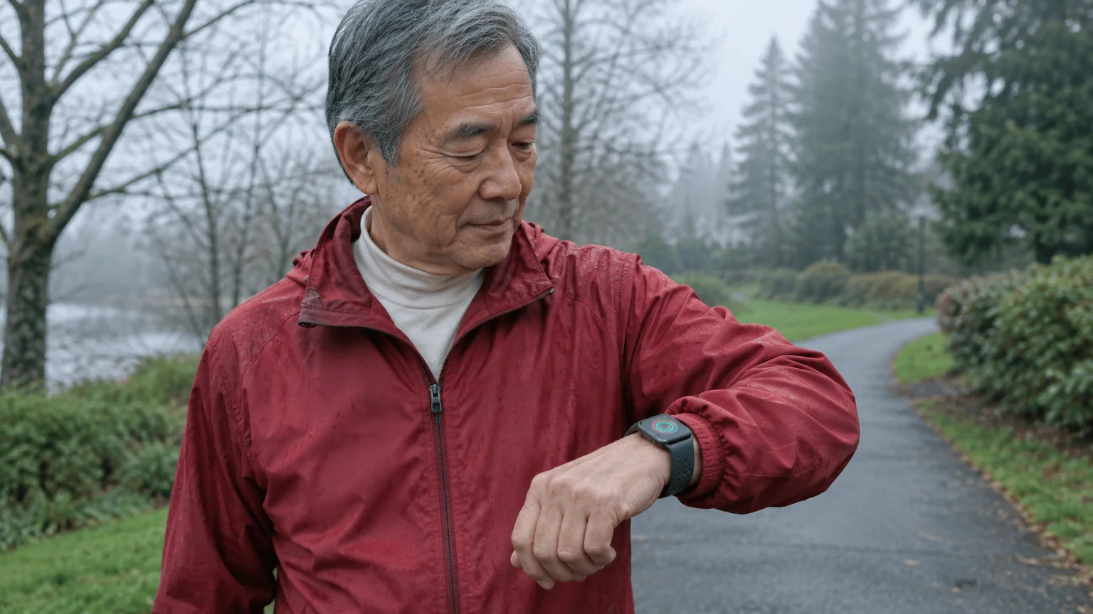 A senior man in a red jacket pauses on a paved outdoor path to look down at his smartwatch.