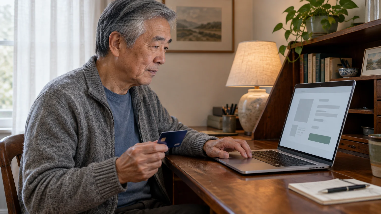 Senior man holding a credit card while sitting at a wooden desk and using a laptop computer.