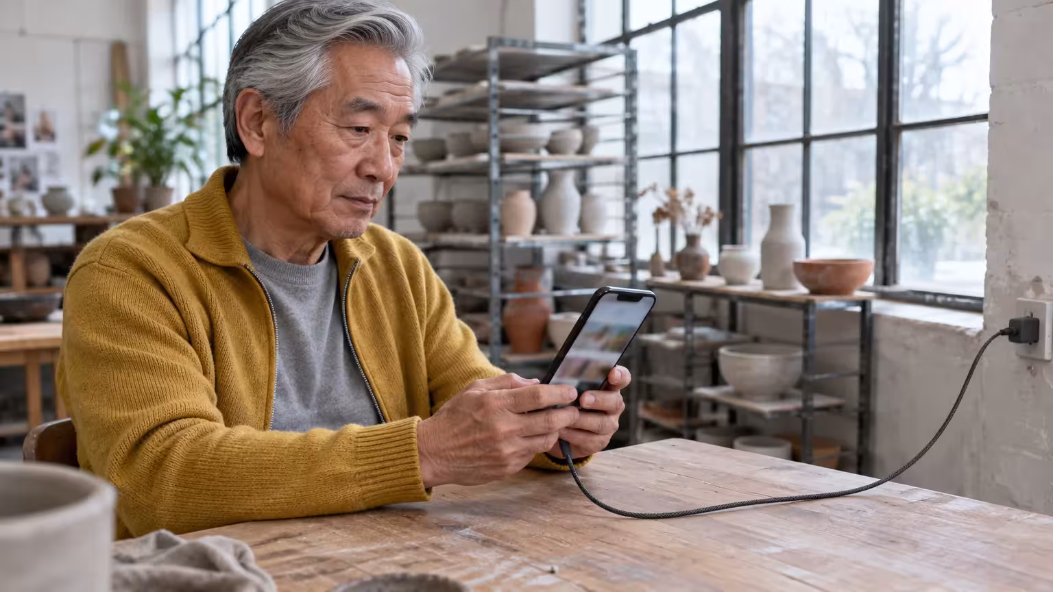Senior man in a yellow sweater sits at a pottery studio table looking at a smartphone plugged into a wall charger.