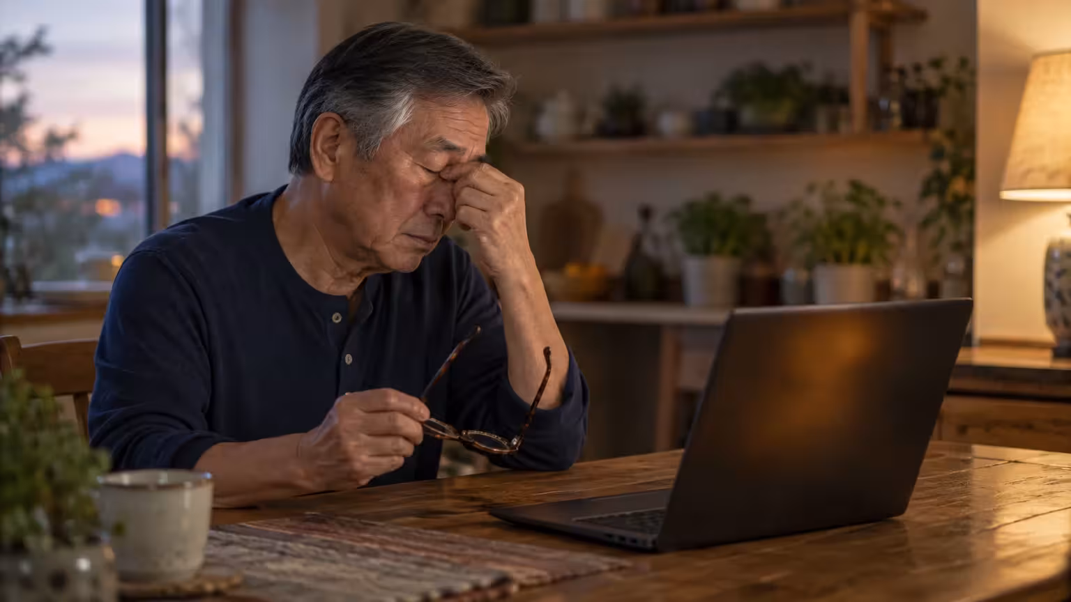 An older man sitting at a wooden table pinches the bridge of his nose in front of an open laptop.