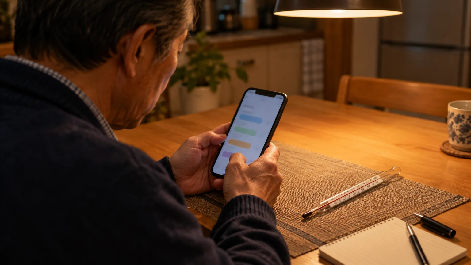 A man holds a smartphone displaying an app beside a glass thermometer, notepad, and pen on a wooden table.