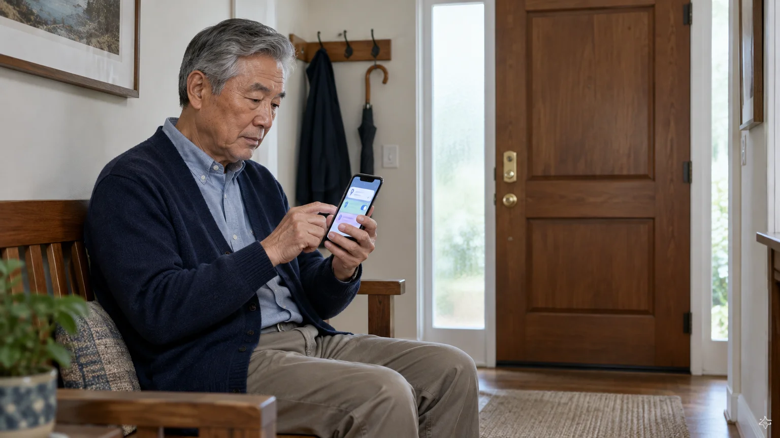 Senior Asian man sitting on a wooden bench in an entryway, using a smartphone displaying an app settings screen.