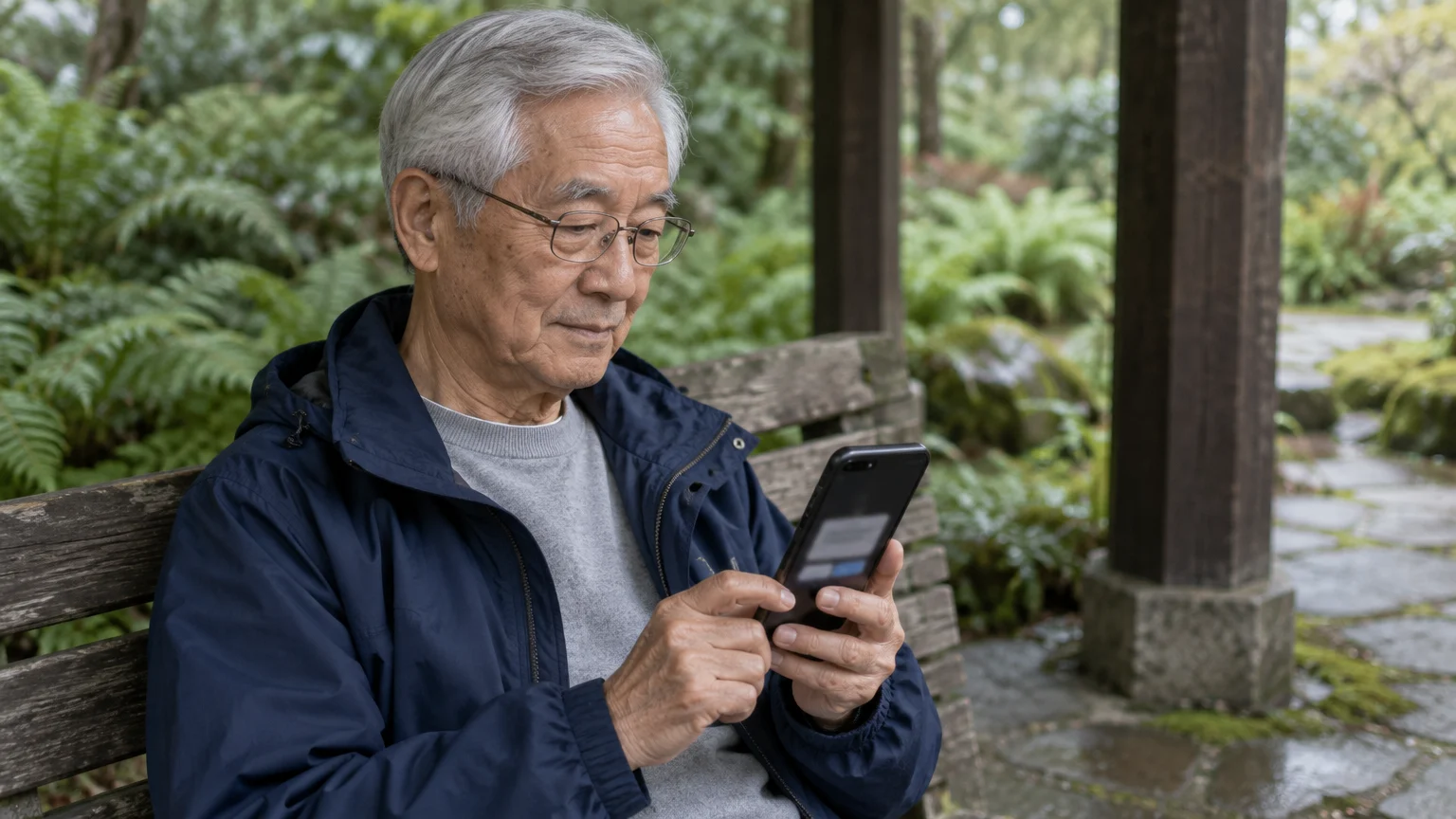 Senior Asian man with glasses sitting on a wooden park bench, looking at a smartphone held in both hands.