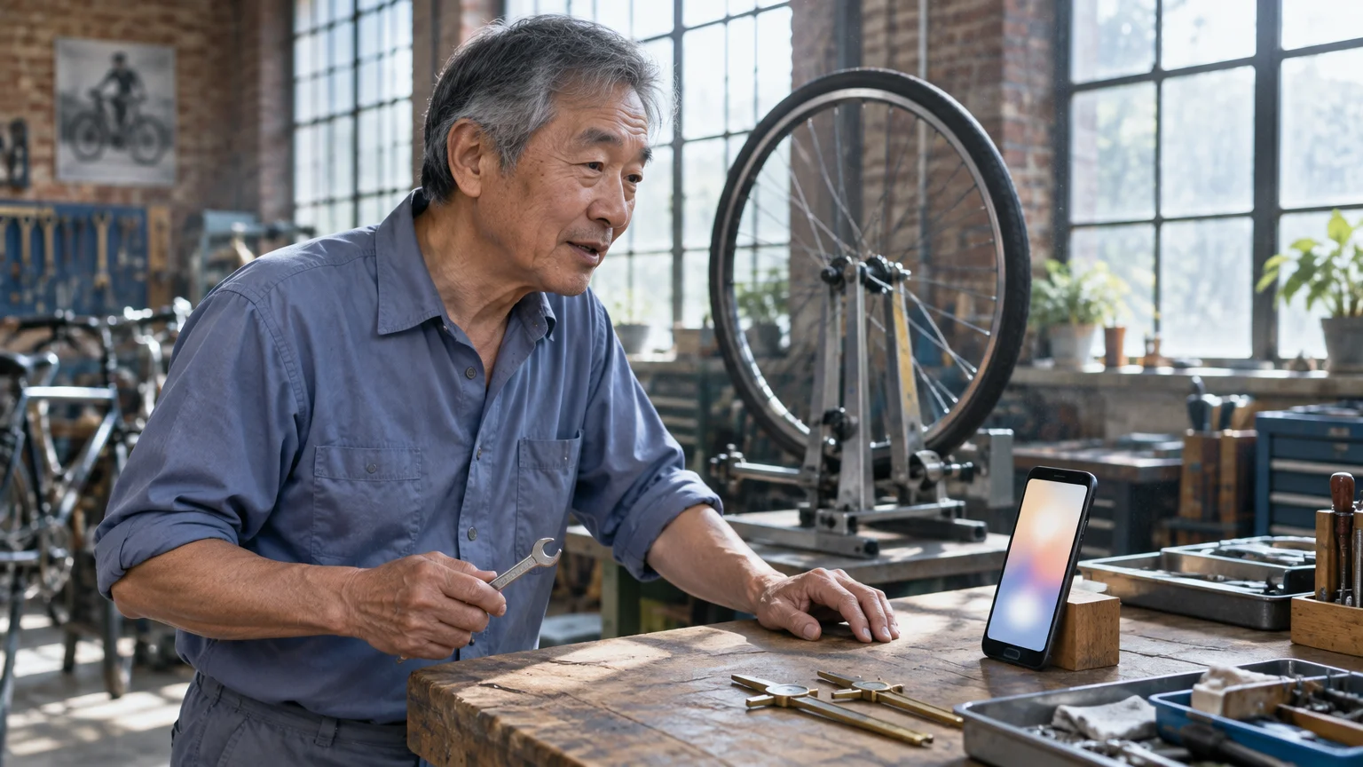 Senior Asian man in a bicycle workshop holding a wrench while leaning over a workbench towards an upright smartphone.